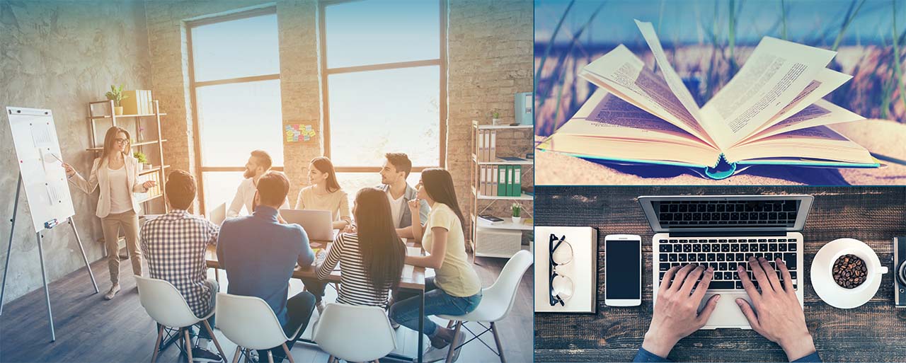 Stimmungsbild 3-teilig. Bild 1 zeigt Dozierende und aufmerksame Studierende. Bild 2 zeigt offenes Buch im Sand mit Blick auf das Meer. Bild 3 zeigt Handy auf Notebook schreibend.